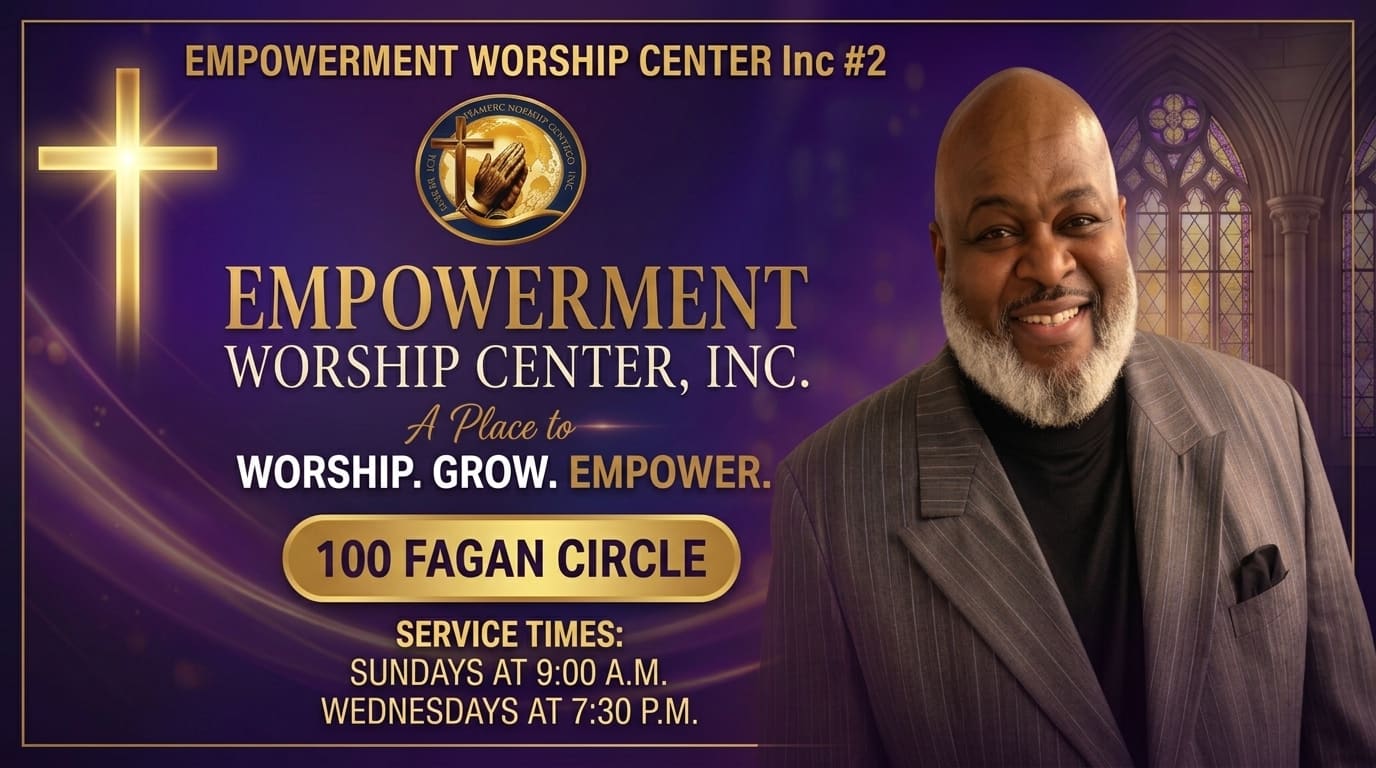 Empowerment Worship Center service schedule — Fort Valley: Sundays 9:00 AM & Wednesdays 7:30 PM; Americus: Sundays 12:00 PM & Wednesdays 7:30 PM — Apostle Norbert Ingram
